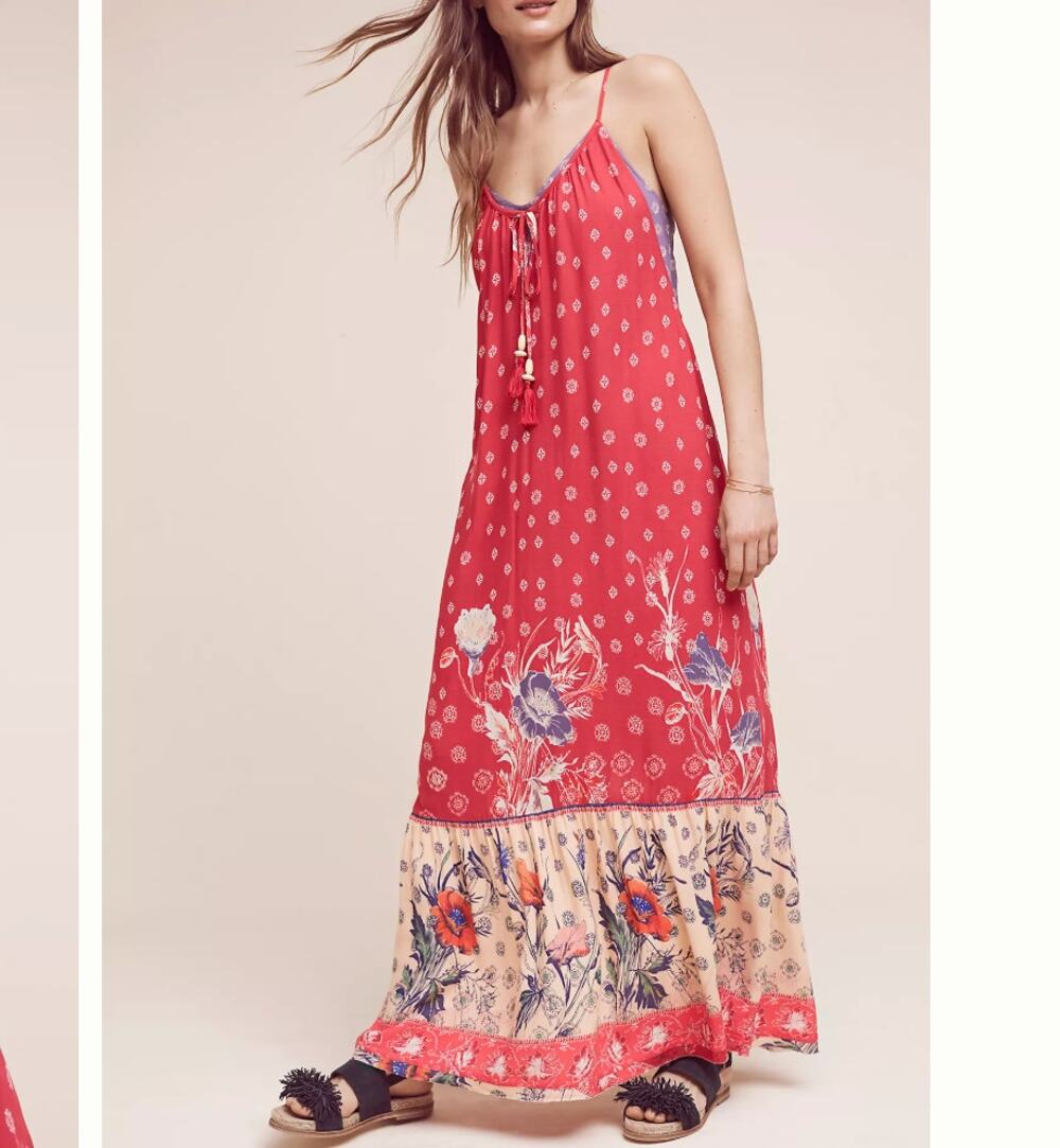 Maeve Anthropologie Juniper Red Paisley Floral Maxi Boho Dress Size L